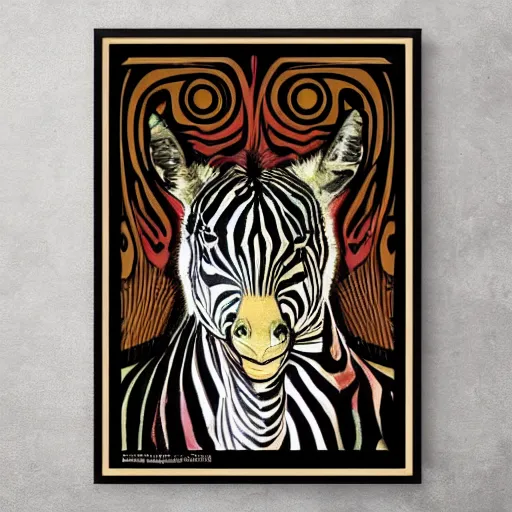 Prompt: a portrait of a handsome friendly happy laughing zebra in the style of alphonse mucha, the arts poster. the zebra is looking at you with loving eyes thinking about dinner. the border around the zebra is colorful and ornate with art nouveau decoration.