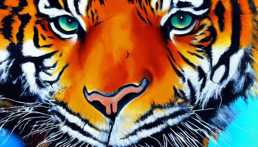 Image similar to tiger, painting on canvas, watedrops, acrylic painting, acrylic pouring, painting, influencer, artstation - h 8 0 0