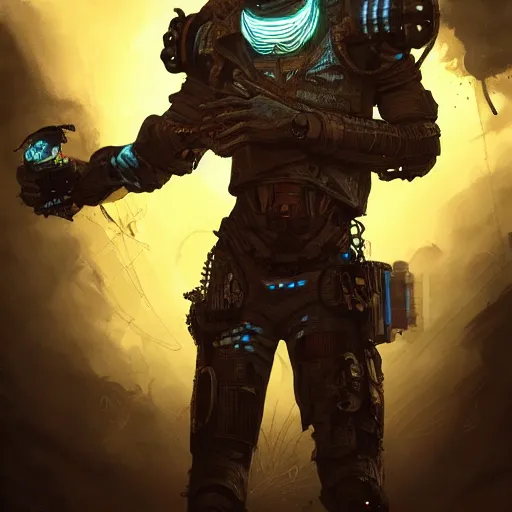 Image similar to a dark and ominous cyborg african child soldier with glowing eyes and facial scarification marks, Apex Legends character digital illustration portrait design, by android jones and greg rutkowski in a cyberpunk voodoo style, retrowave color scheme, detailed, cinematic lighting, wide angle action dynamic portrait