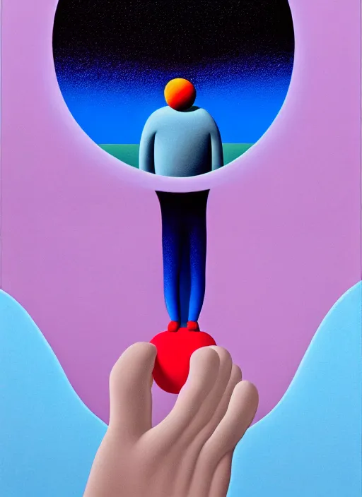 Prompt: a men balancing shapes on his finger by shusei nagaoka, kaws, david rudnick, airbrush on canvas, pastell colours, cell shaded!!!, 8 k