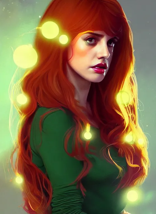 Image similar to full body portrait of teenage cheryl blossom, bangs, green eyes, mischievous expression, red hair, sultry smirk, bangs and wavy hair, intricate, elegant, glowing lights, highly detailed, digital painting, artstation, concept art, smooth, sharp focus, illustration, art by wlop, mars ravelo and greg rutkowski