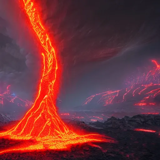 Prompt: cataclysm with a huge storm and rivers of lava, fantasy, concept art, artstation, hd 4 k