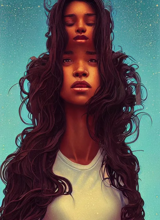 Image similar to handsome black young women with shoulder length brown hair, half body shot, path traced, highly detailed, high quality, digital painting, alena aenami, lilia alvarado, shinji aramaki, karol bak, alphonse mucha, tom bagshaw