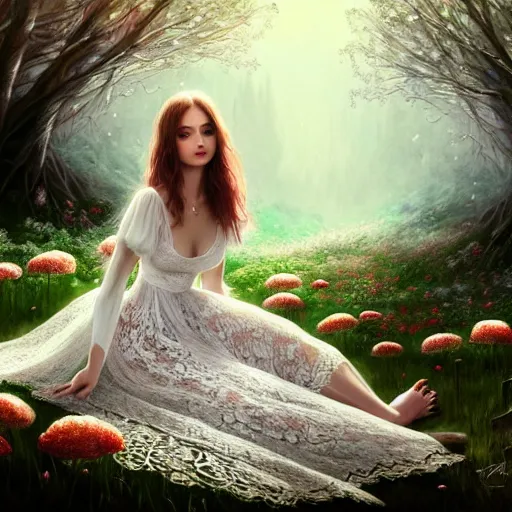 Prompt: a picture of a beautiful woman in a white lace dress and covered in flowers and leaves sitting overlooking an enchanted forest, high fantasy, elegant, epic, detailed, intricate, digital painting, concept art, realistic detailed face, smooth, focus, rim light and volumetric light through the trees,