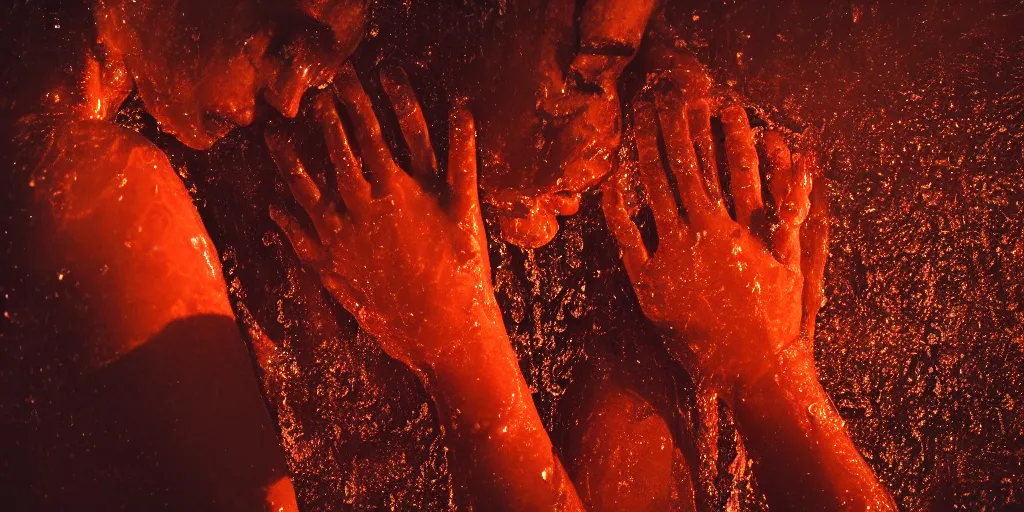 Image similar to sensual bodies intertwined in orange light, wet skin, close together, holding each other tight, drops of water, beautiful hands, no head, no face, torso, backlit, 8 k, realistic