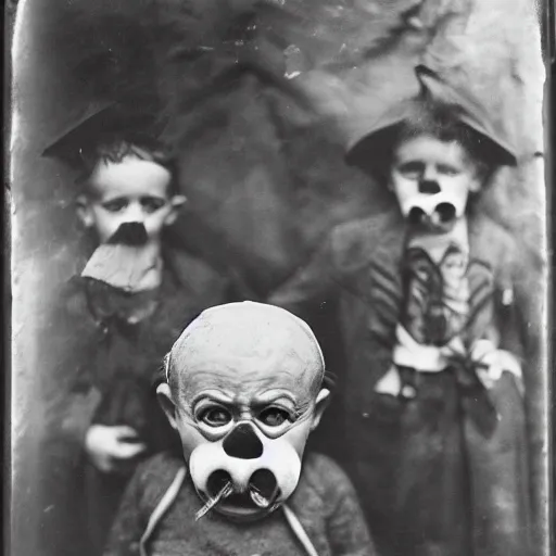 Image similar to portrait of children wearing santa masks, photograph, style of atget, 1 9 1 0, creepy, dark