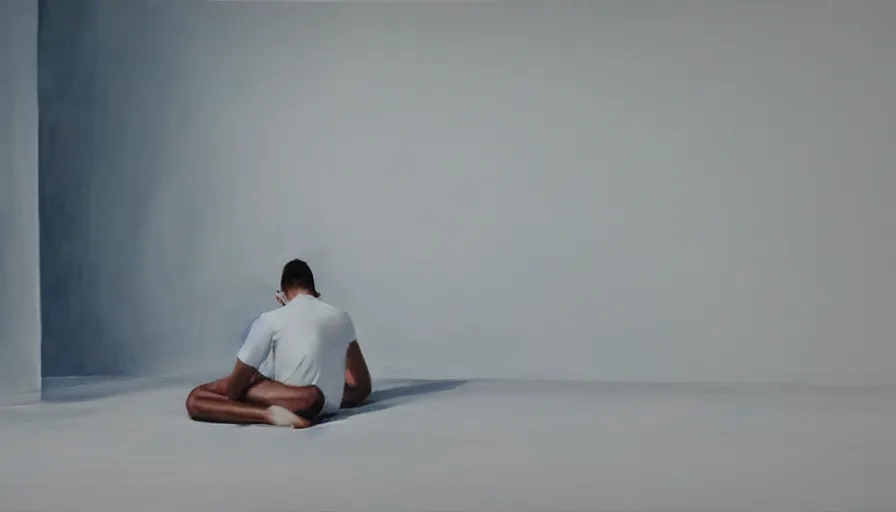 Prompt: a lonely sad young man in white clothes sits in a clean white empty apartment and stares into the distance, photorealistic painting