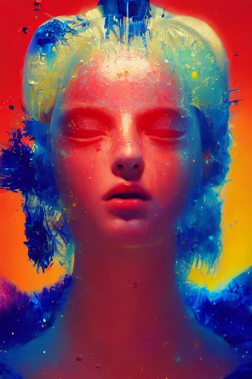 Image similar to 3 d, sci - fi, sun rays, sleepy fashion model face, yellow faces, cinematic, vogue cover style, poster art, light red and deep blue mood, realistic painting, intricate oil painting, high detail, figurative art, multiple exposure, poster art, 3 d, by tooth wu and wlop and beeple and greg rutkowski