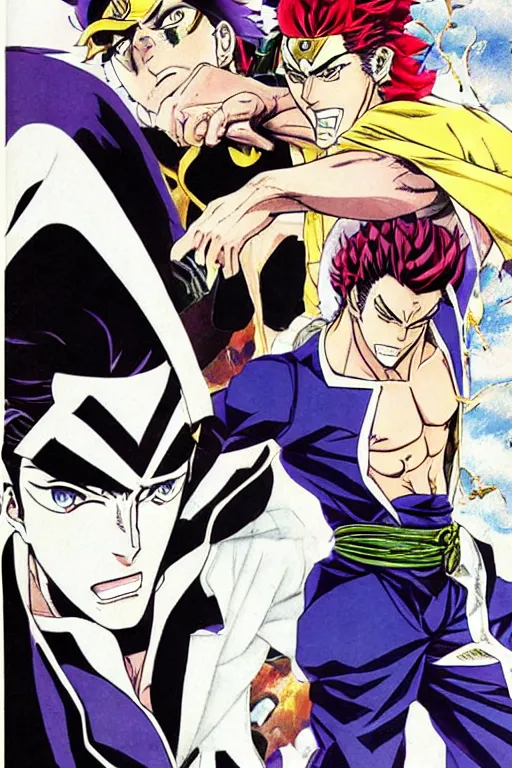 Prompt: manga cover of jotaro kujo fighting dio, shounen jump, art by hirohiko araki, japanese comic book, art by keisuke itagaki, modern fashion outfit, dynamic poses, action poses, muscular characters