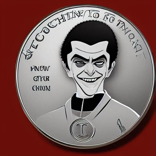 Image similar to a new coin design featuring a portrait of Count Chocula. shiny silvery mirror surface