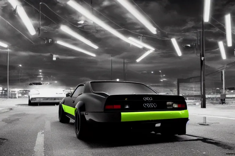 Image similar to widebody all black audi camaro b 1 ( 1 9 6 9 ), need for speed : carbon, at night, sci - fi, neon lines, phonk music background, smoke behind wheels, noise, dark, establishing shot, by simon stalenhag