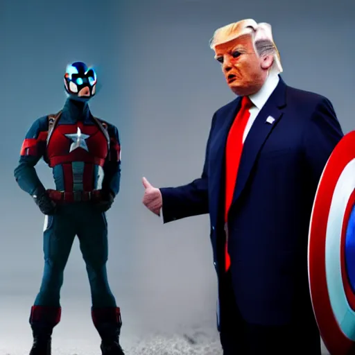 Image similar to Donald trump with captain America’s body, realistic artstyle, wide shot, dramatic lighting, octane render, hyperrealistic, high quality, highly detailed, HD, beautiful, cinematic, 8k, unreal engine, facial accuracy, symmetrical