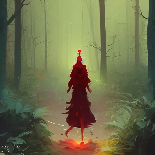 Image similar to an evil woman [ cursing a forest with red magic ]!, stands in the middle of a pathway in a timid forest, trending on cgsociety, digital art, illustrated by max hay and anton fadeev, bioluminescent atmosphere, back view, intricate