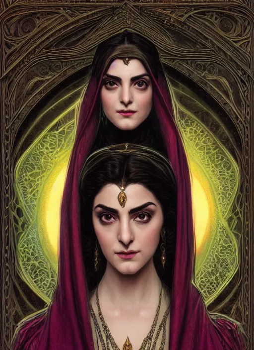 Image similar to centered portrait, Maya Ali as a D&D sorcerer, black hair, intricate robes, Art Nouveau, beautiful retro Fantasy heroine 1985, intricate, elegant, highly detailed, centered, digital painting, trending on artstation, concept art, smooth, sharp focus, illustration, art by raphael lacoste, eddie mendoza, Mucha, alex ross, WLOP