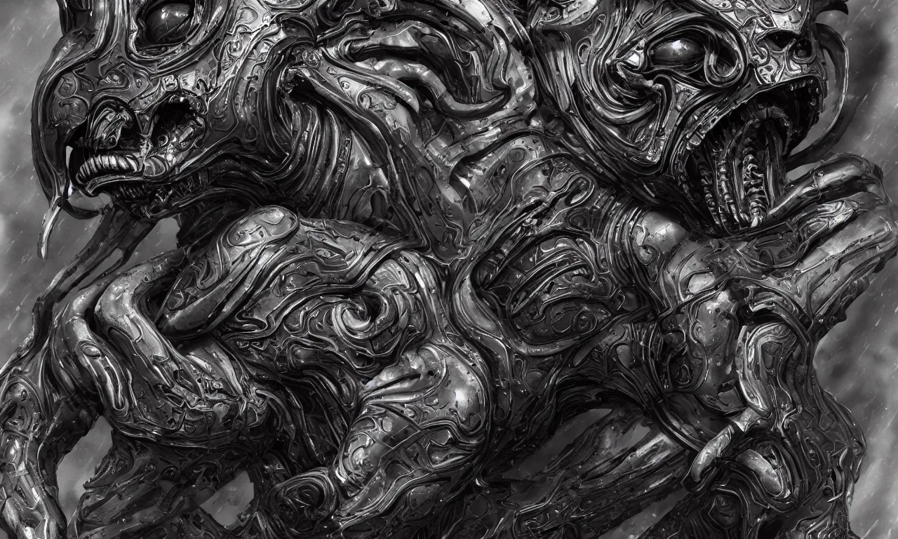 Image similar to engineer prometheus face by Artgerm, xenomorph alien, highly detailed, symmetrical long head, smooth marble surfaces, detailed ink illustration, raiden metal gear, cinematic smooth stone, deep aesthetic, concept art, post process, 4k, carved marble texture and silk cloth, latex skin, highly ornate intricate details, prometheus, evil, moody lighting, hr geiger, hayao miyazaki, indsutrial Steampunk