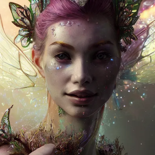 Prompt: face 1 1 1 closeup of magical fairy flowers mffkt and ice velvet, 2 2 3 2 3 5, diamonds, angels, 3 d render, hyper - realistic detailed portrait, holding fire and electricity rainbow, ruan jia, wlop. scifi, fantasy, magic the gathering, hyper detailed, octane render, concept art, peter mohrbacher c 2 0