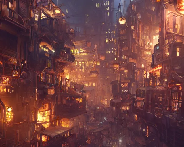 Prompt: bustling underbelly of a thriving steampunk city by james paick, trending on cgsociety, unreal engine, 4 k wallpaper