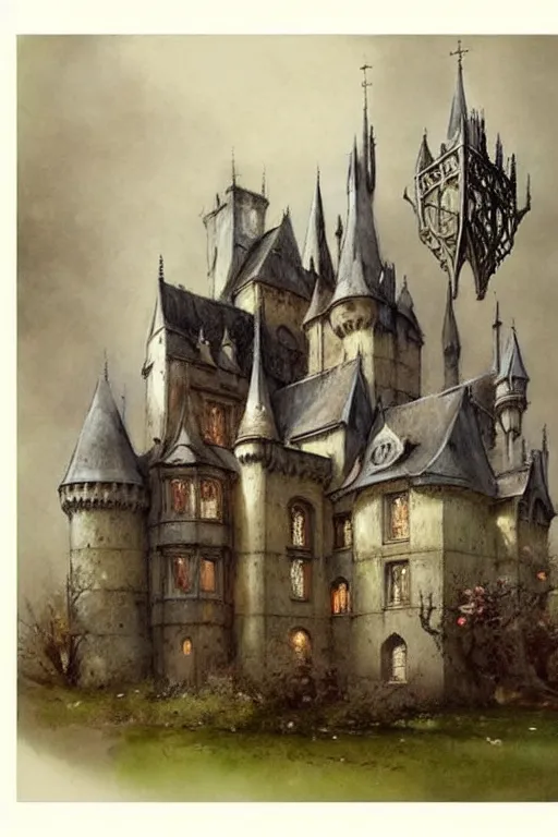 Image similar to (((((1950s fairy tale gothic revival castle . muted colors.))))) by Jean-Baptiste Monge !!!!!!!!!!!!!!!!!!!!!!!!!!!