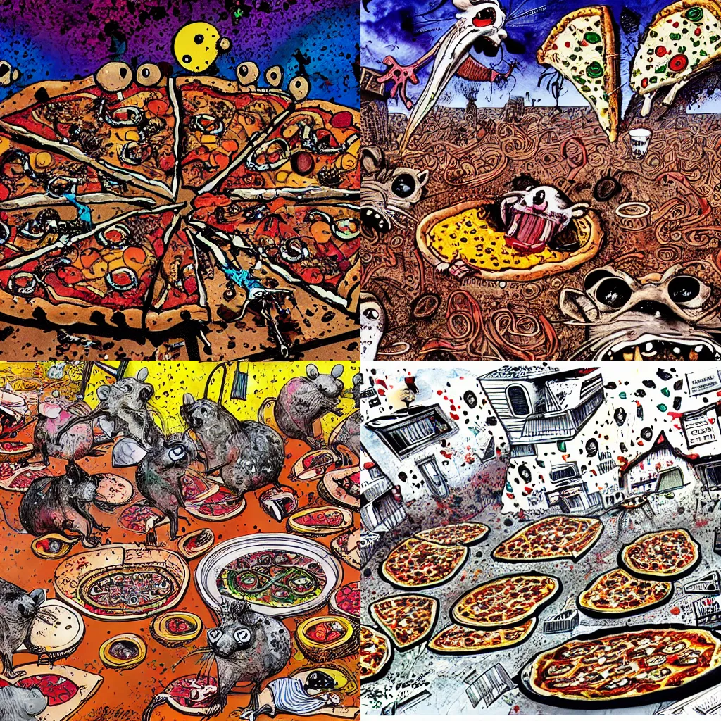 Prompt: pizza city filled with rats, Ralph steadman, psychedelic, surreal, ink splatter, detailed, 4k