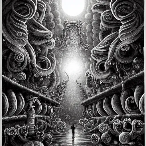 Prompt: ultra realist soft painting of a curiosities carnival by night in loveraftian universe, horror, omnious sky, deep fog, lurking tentacle, symmetry accurate features, very intricate details, black and white, volumetric light clouds