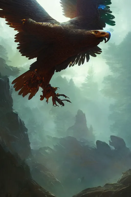 Prompt: cyborg eagle flying on a glowing forest, extremely detailed digital painting, in the style of fenghua zhong and ruan jia and jeremy lipking and peter mohrbacher, mystical colors, rim light, beautiful lighting, 8 k, stunning scene, raytracing, octane, trending on artstation