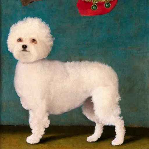 Image similar to bichon frise dog wearing a jester costume while standing on hind legs, medieval painting