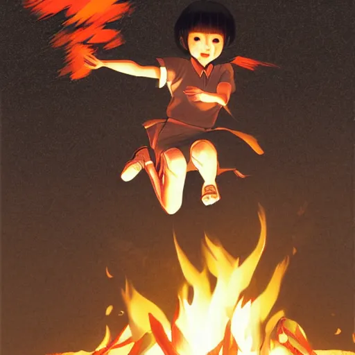 Image similar to a korean woman jumping over a campfire by ilya kuvshinov katsuhiro otomo