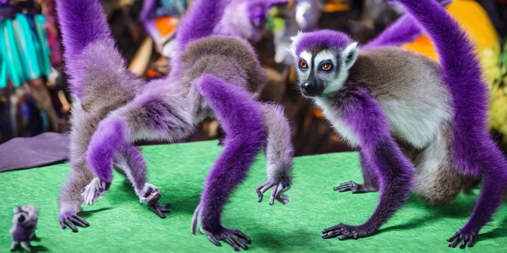 Prompt: a purple lemur dancing in a disco with other colorful lemurs in the background, photography
