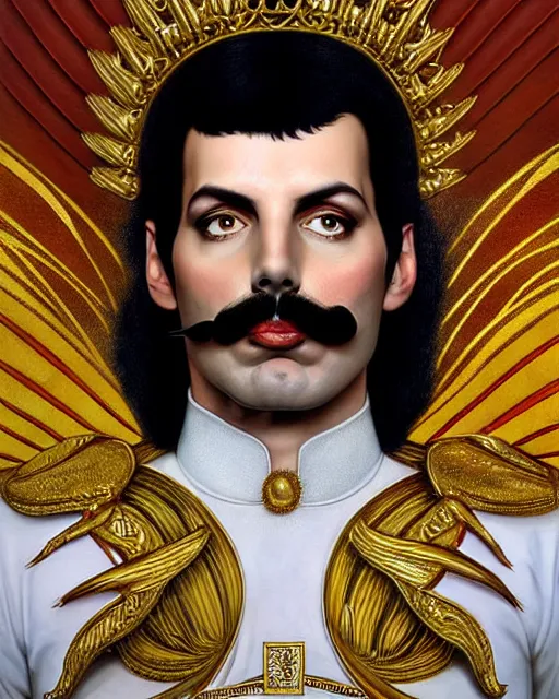 Prompt: symmetry portrait of freddie mercury as a queen, with large glossy mustache, glam, noble drawing room background, intricate, elegant, highly detailed, digital painting, artstation, concept art, smooth, sharp focus, illustration, art by artgerm and greg rutkowski and fra angelico and alphons mucha