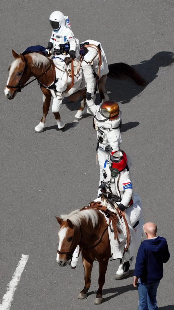 Prompt: a horse riding an astronaut, street photo, happy, positive,