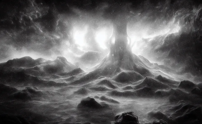 Prompt: lovecraftian horror, lovecraft, monochrome, moody, lighting study, cthulhu, galactic nebula, volumetric fog