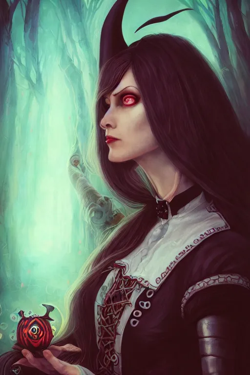 Image similar to portrait of a witch, american mcgee's alice, sharp focus, artstation, trending, by julie dillon, luis melo, tyler miles lockett, lei jin, hong lei, ken wong, adam narozanski, joy ang