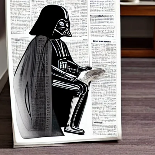 Image similar to Darth Vader sitting on the toilet reading a newspaper