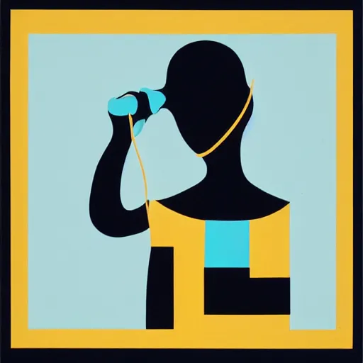 Prompt: a silhouette of a person on the phone, abstract painting in the style of Sophie Taeuber-Arp and Gary Hume and Tatsuro Kiuchi, flat colour-block style, geometric abstraction, dark colours