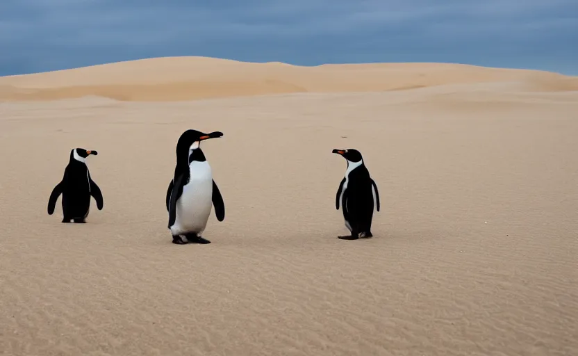 Image similar to confused penguins in sand dunes, photography