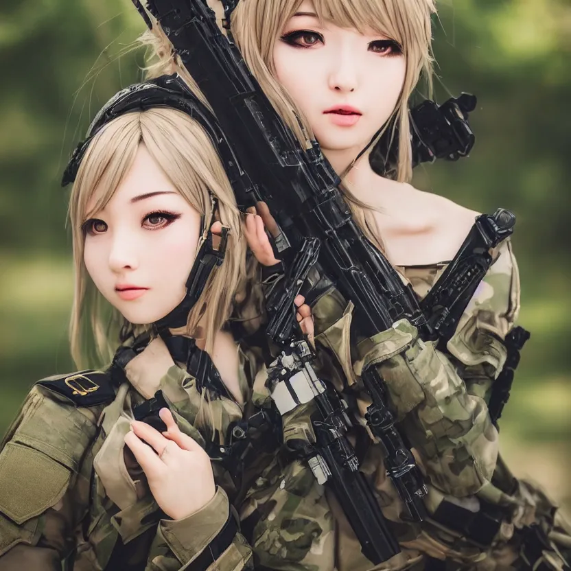 Image similar to portrait photo, highly detailed, high resolution, cosplay photo, stunning, girls frontline style, bokeh soft, 100mm, trending on instagram, by professional photographer, realistic human anatomy, real human faces, realistic military carrier, soldier clothing, modern warfare, realistic ak47, shot with a canon, low saturation