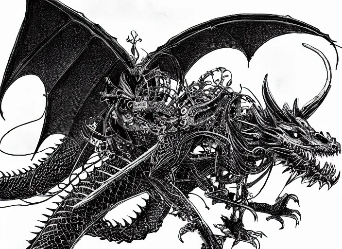 Prompt: black micron pen illustration, dragon flying with steam punk apparatus on it's back, clean lines, really clear, crisp detail, fine pen, artstation, Ian Miller