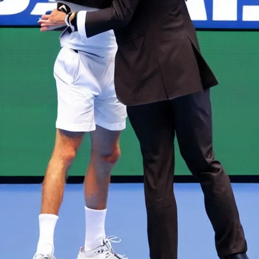 Image similar to a dapper victorian novak djokovic hugging a linesman