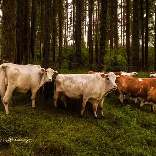 Image similar to DLSR photograph of several cows looking at the camera, in creepy forest, night-time, low lighting, eyes glinting