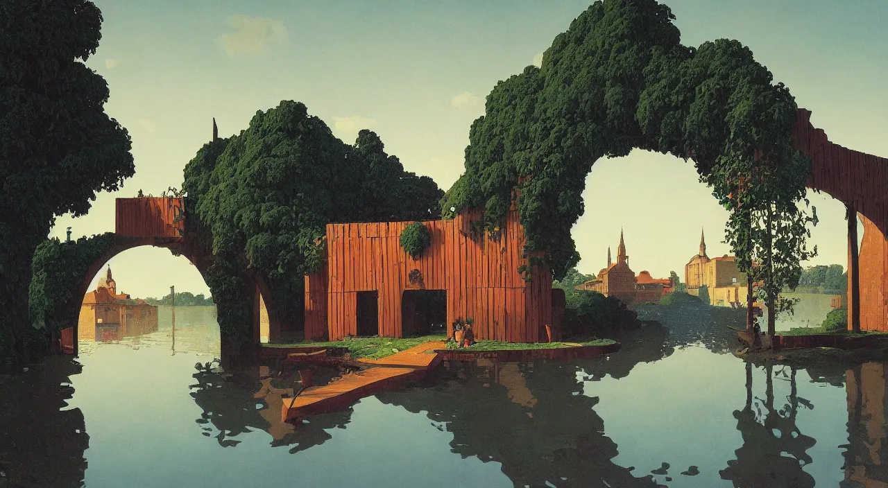 Prompt: single flooded simple wooden arch! tower, very coherent and colorful high contrast!! masterpiece by rene magritte simon stalenhag carl spitzweg syd mead norman rockwell edward hopper james gilleard, minimalist, dark shadows, sunny day, hard lighting