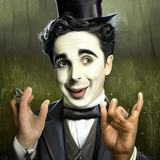 Prompt: fantasy portrait of an energetic charlie chaplin with silky, cloudy grey hair, black scars on her face, swamp vegetation in the background, nocturnal palette, art by greg rutowski, raphael lacoste, eddie mendoza, artgerm, trending on artstation