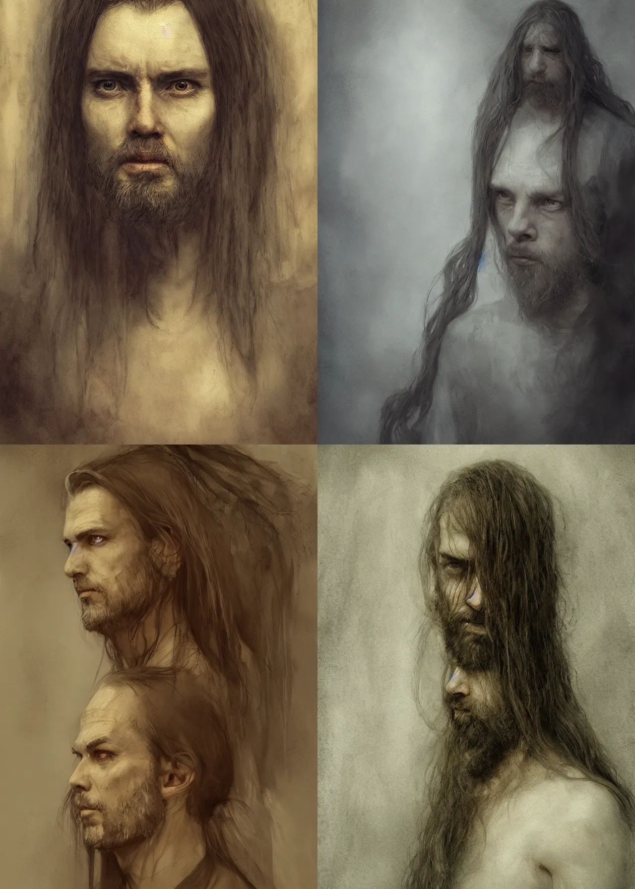 Prompt: portrait of a master with long hairs in alan lee and marc simonetti and emil melmoth style, view is 2 meters away , cinematic lighting