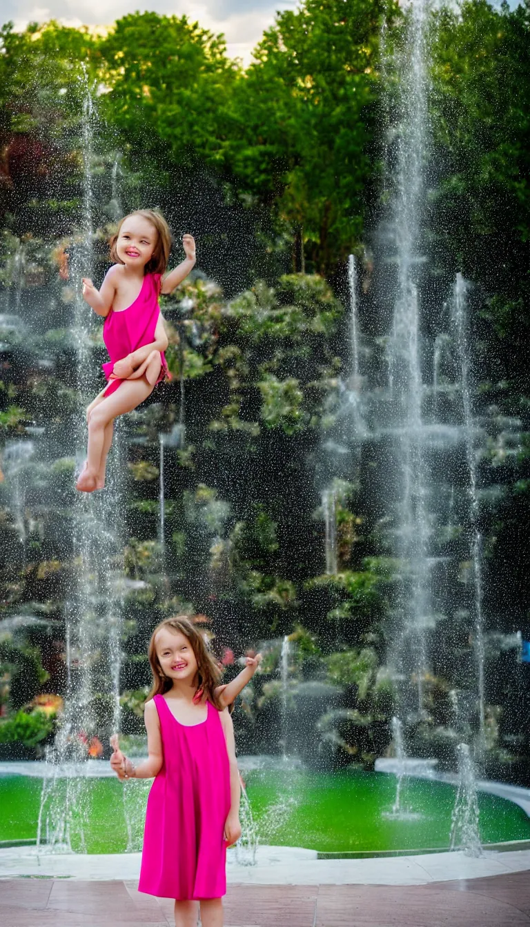 Image similar to Beautiful girl under the rainbow fountain,