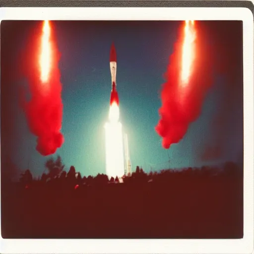 Image similar to aged polaroid photo of a bright red missile launch, wide view, film grain, red color bleed, onlookers watching