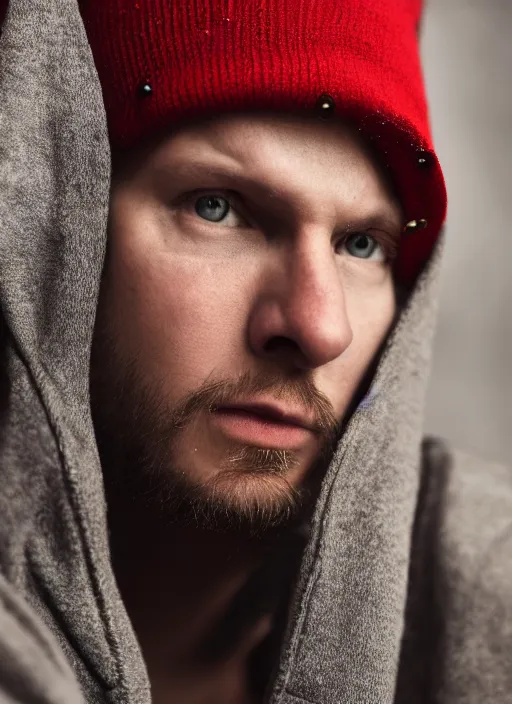 Image similar to portrait of a lithuanian man wearing a red beanie and sleeveless hoodie, gold necklace, highly detailed, realistic, studio quality, studio photo, studio lighting, trending on artstation, sharp focus, 4 k