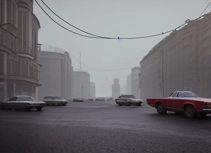 Image similar to hyperrealistic matte painting of gta in soviet moscow, 1 9 7 0 s, playstation 5 screenshot, fine details, rain, few people, rtx reflections, soviet suburbs, paneled buildings, fog, night, photorealistic, unreal octane render, volumetric light, featured on cg society, 4 k, 5 0 mm bokeh, old car, artstation