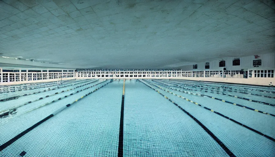 Image similar to 60s movie still of a sovietic stalinist style empty Olympic swimming poil with tiles, cinestill 800t 50mm eastmancolor, liminal Space style, heavy grain-s 150