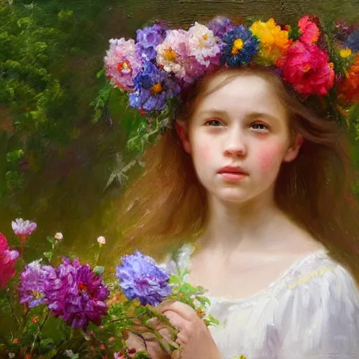 Prompt: a girl wearing a garland of flowers standing in the garden, beautiful, oil painting, artstation, soft light, highly detailed, sharp focus, colourful flowers, by sophie anderson