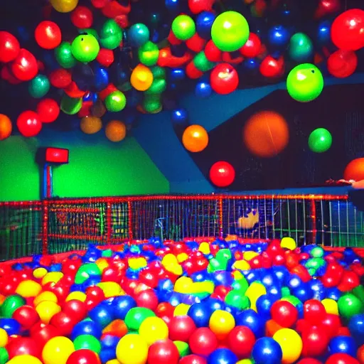 Prompt: “photo taken from a play area ball pit in a Family Fun Center after closing.”