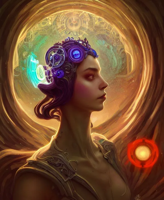 Image similar to whirlwind souls inside metaverse, half body, glowin eyes, tiara, pharaoh, forest, mushrooms, antiques, cyberpunk face, by loish, d & d, fantasy, intricate, elegant, highly detailed, colorful, vivid color, digital painting, artstation, concept art, art by artgerm and greg rutkowski and alphonse mucha and ruan jia